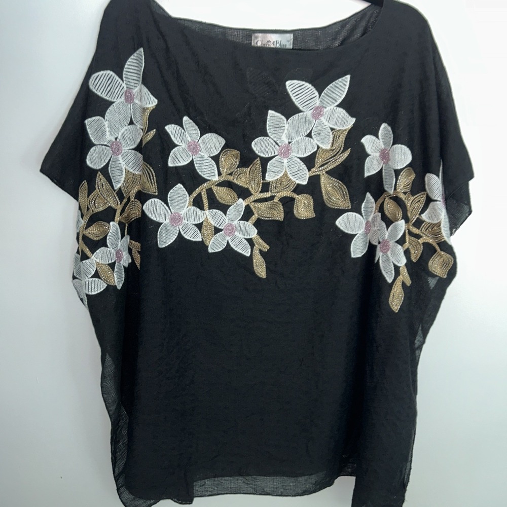 Cherie Bliss Women's XL Oversized Blouse/Cover Black Pink Floral Daisies Gold